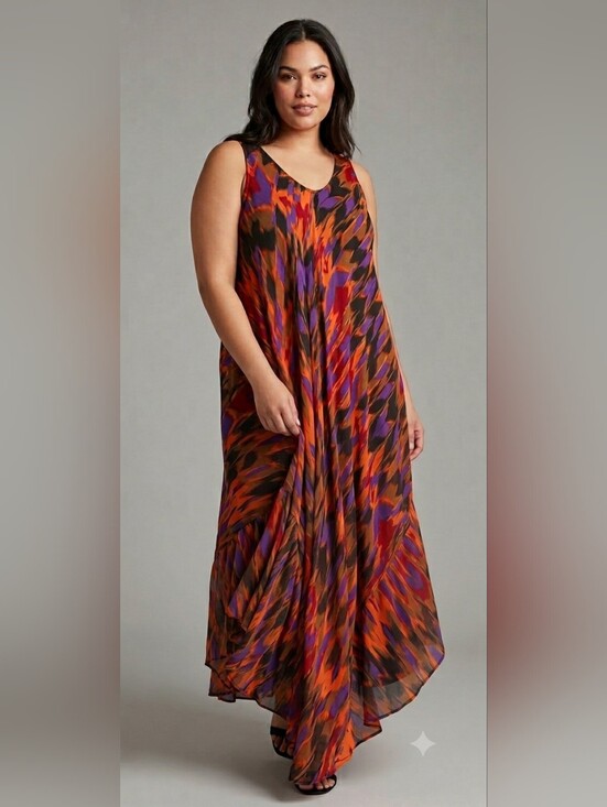 Vintage Dresses & Skirts - Vintage BAWA Canada Rayon Abstract Print Handkerchief Hem Maxi Dress 1X